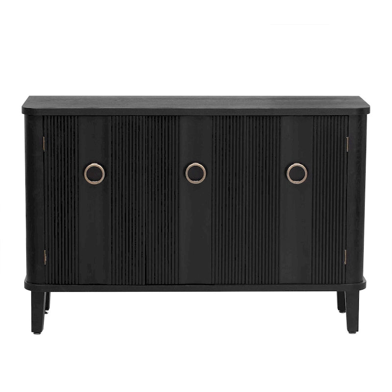 Black Three-Door Sideboard Cabinet with Metal Ring Handles Fluted Doors