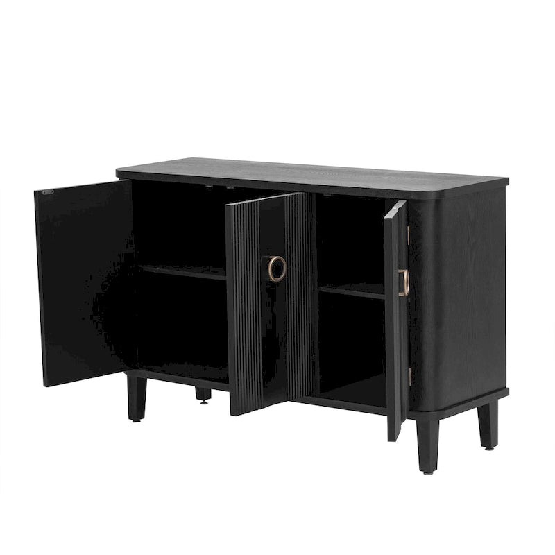 Black Three-Door Sideboard Cabinet with Metal Ring Handles Fluted Doors