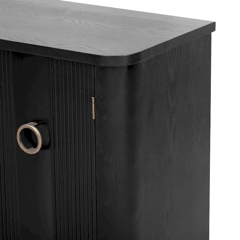 Black Three-Door Sideboard Cabinet with Metal Ring Handles Fluted Doors
