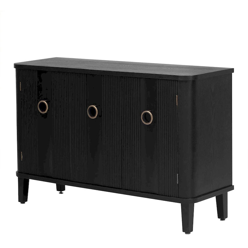 Black Three-Door Sideboard Cabinet with Metal Ring Handles Fluted Doors
