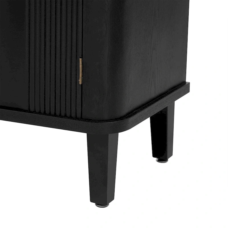 Black Three-Door Sideboard Cabinet with Metal Ring Handles Fluted Doors
