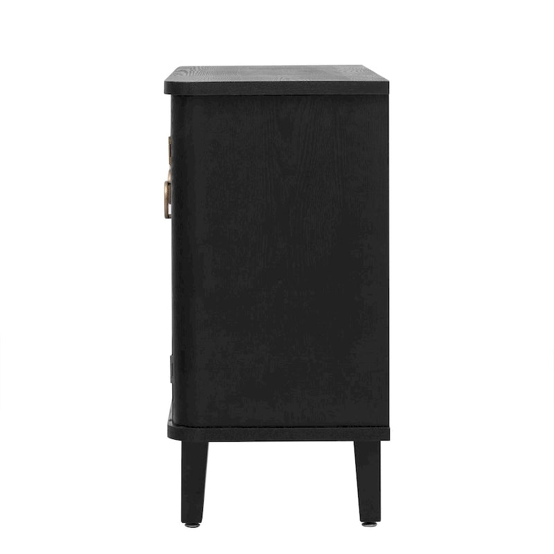 Black Three-Door Sideboard Cabinet with Metal Ring Handles Fluted Doors