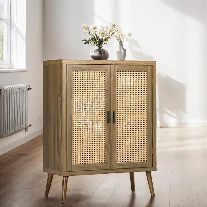 Wood Sideboard Buffet Cabinet with Rattan Doors and 3-Tier Shelves