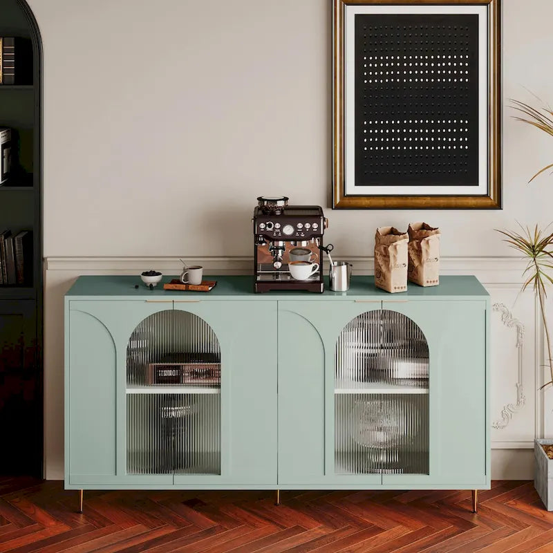 60-Inch Fluted Glass Door Wooden Sideboard Storage Cabinet Green Black