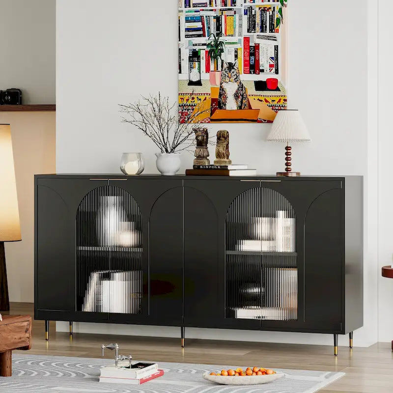 60-Inch Fluted Glass Door Wooden Sideboard Storage Cabinet Green Black