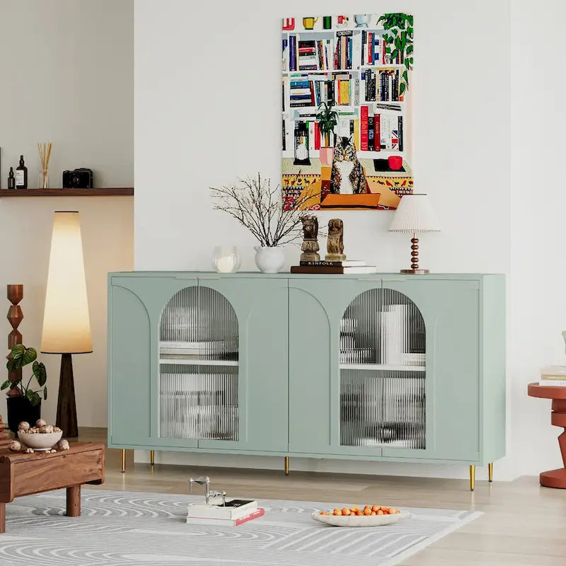 60-Inch Fluted Glass Door Wooden Sideboard Storage Cabinet Green Black