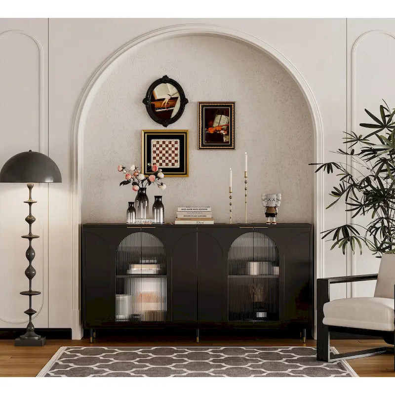 60-Inch Fluted Glass Door Wooden Sideboard Storage Cabinet Green Black