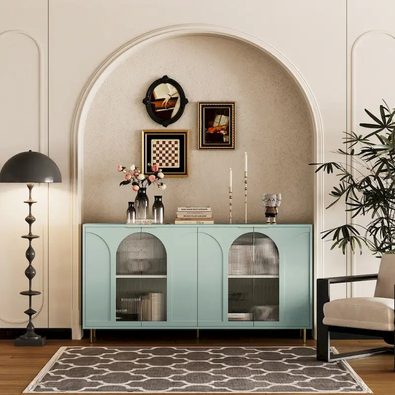 60-Inch Fluted Glass Door Wooden Sideboard Storage Cabinet Green Black