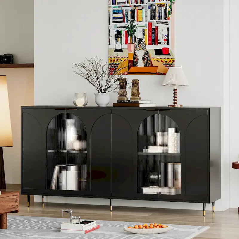 60-Inch Fluted Glass Door Wooden Sideboard Storage Cabinet Green Black