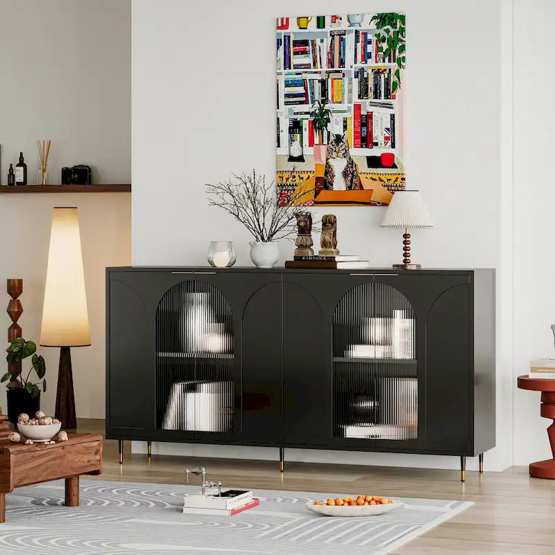 60-Inch Fluted Glass Door Wooden Sideboard Storage Cabinet Green Black