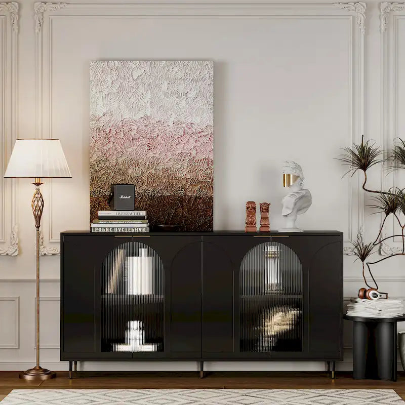 60-Inch Fluted Glass Door Wooden Sideboard Storage Cabinet Green Black