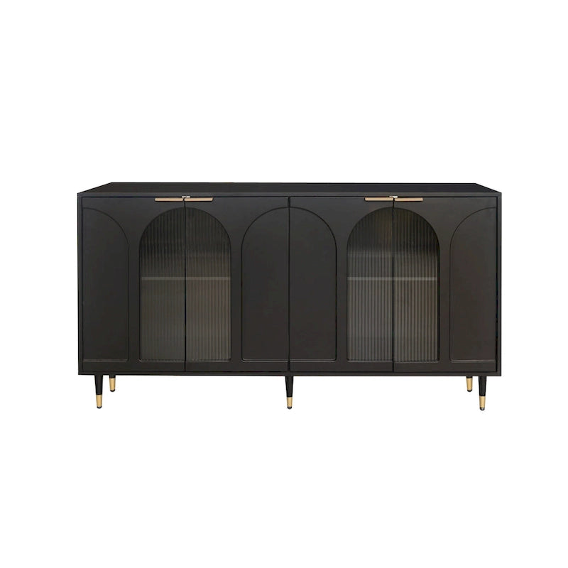 60-Inch Fluted Glass Door Wooden Sideboard Storage Cabinet Green Black