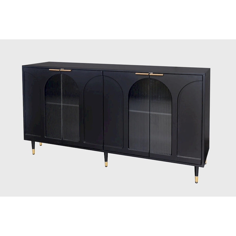 60-Inch Fluted Glass Door Wooden Sideboard Storage Cabinet Green Black
