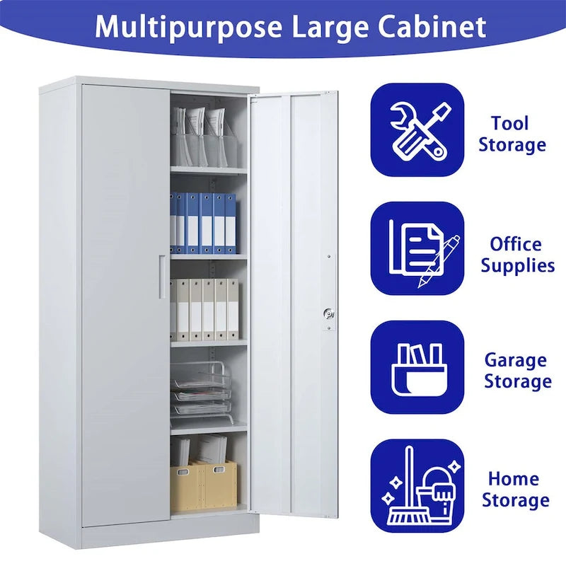 Heavy Duty Metal Storage Cabinet with Lock Two Doors White