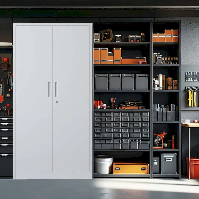 Heavy Duty Metal Storage Cabinet with Lock Two Doors White