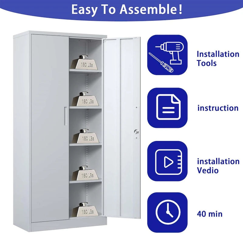 Heavy Duty Metal Storage Cabinet with Lock Two Doors White