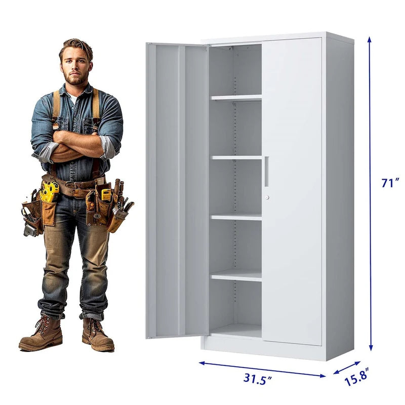 Heavy Duty Metal Storage Cabinet with Lock Two Doors White