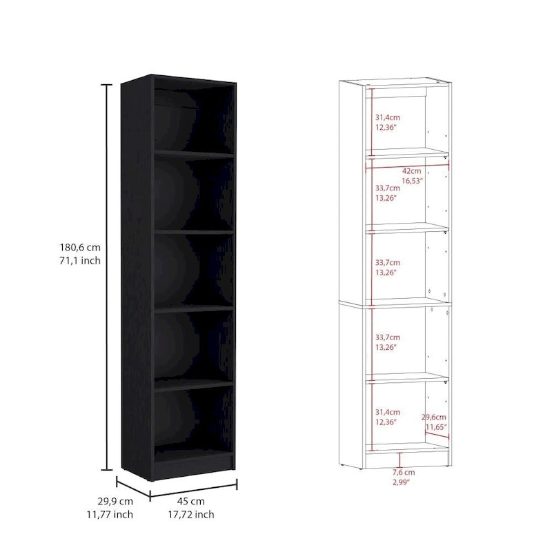 5-Tier Slim Bookcase Open Shelving Unit Black Living Room Office
