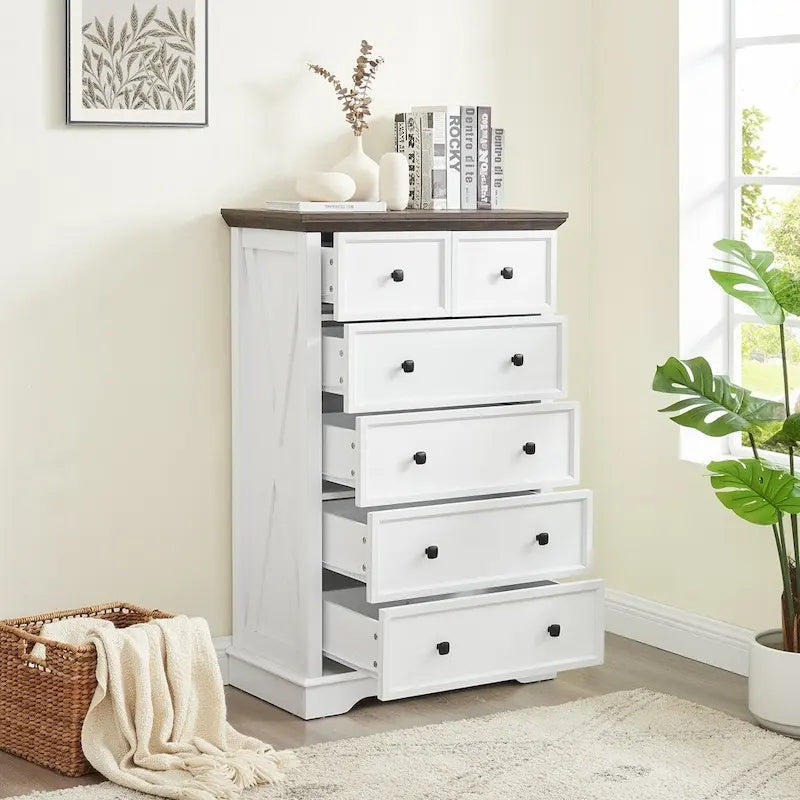 6-Drawer Tall White Farmhouse Dresser with Dark Wood Top