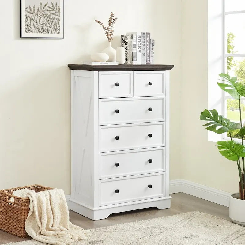 6-Drawer Tall White Farmhouse Dresser with Dark Wood Top