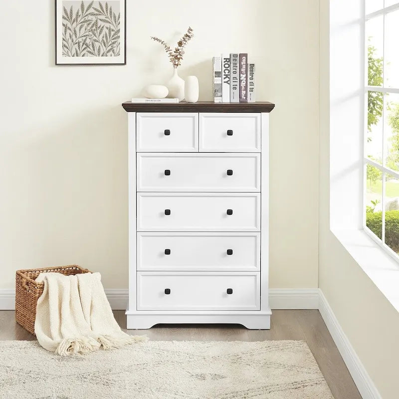 6-Drawer Tall White Farmhouse Dresser with Dark Wood Top