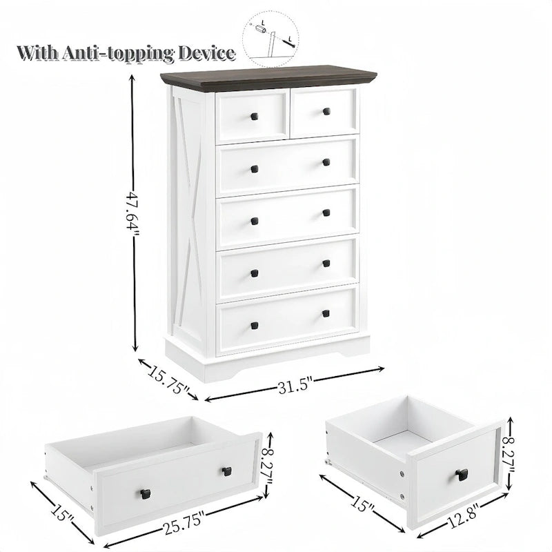 6-Drawer Tall White Farmhouse Dresser with Dark Wood Top