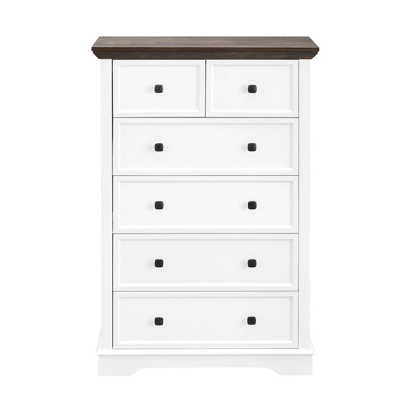 6-Drawer Tall White Farmhouse Dresser with Dark Wood Top