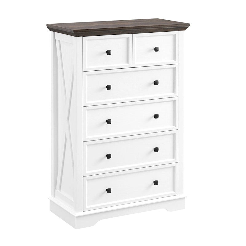 6-Drawer Tall White Farmhouse Dresser with Dark Wood Top