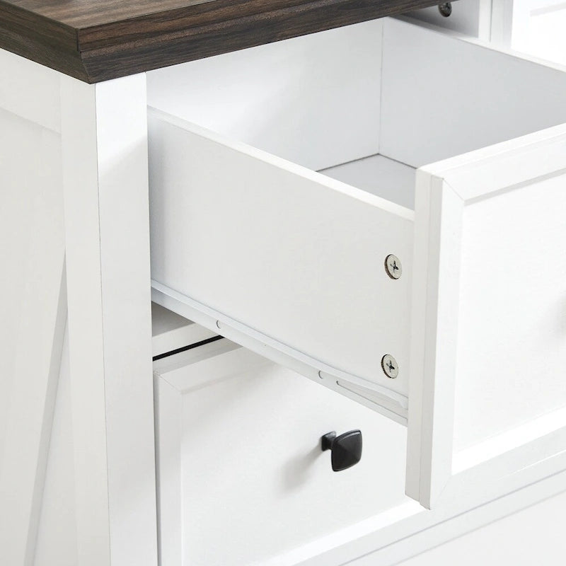 6-Drawer Tall White Farmhouse Dresser with Dark Wood Top