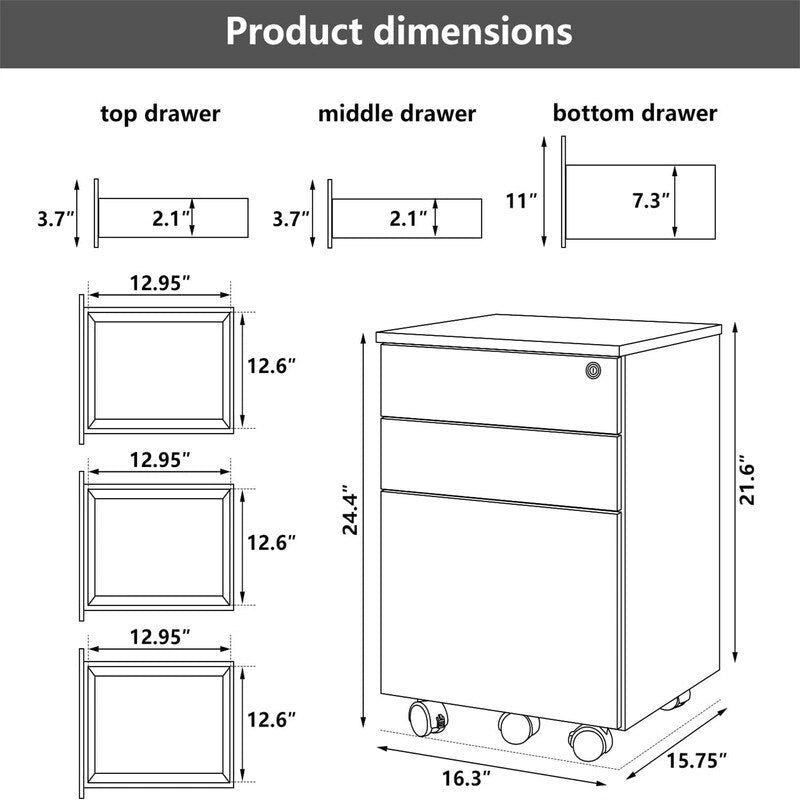 3-Drawer Wood Mobile File Cabinet with Locking System and Casters