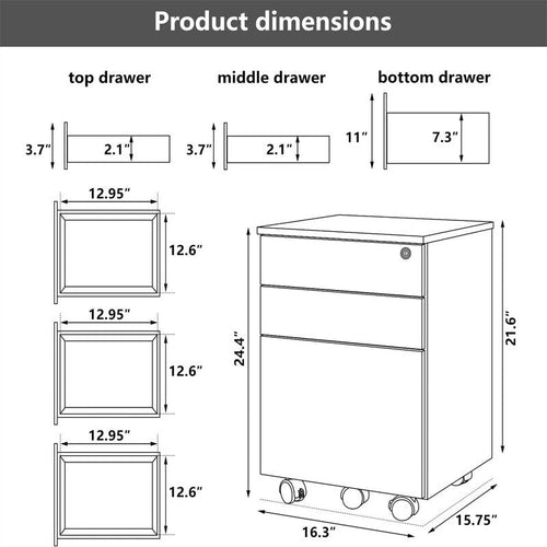 3-Drawer Wood Mobile File Cabinet with Locking System and Casters