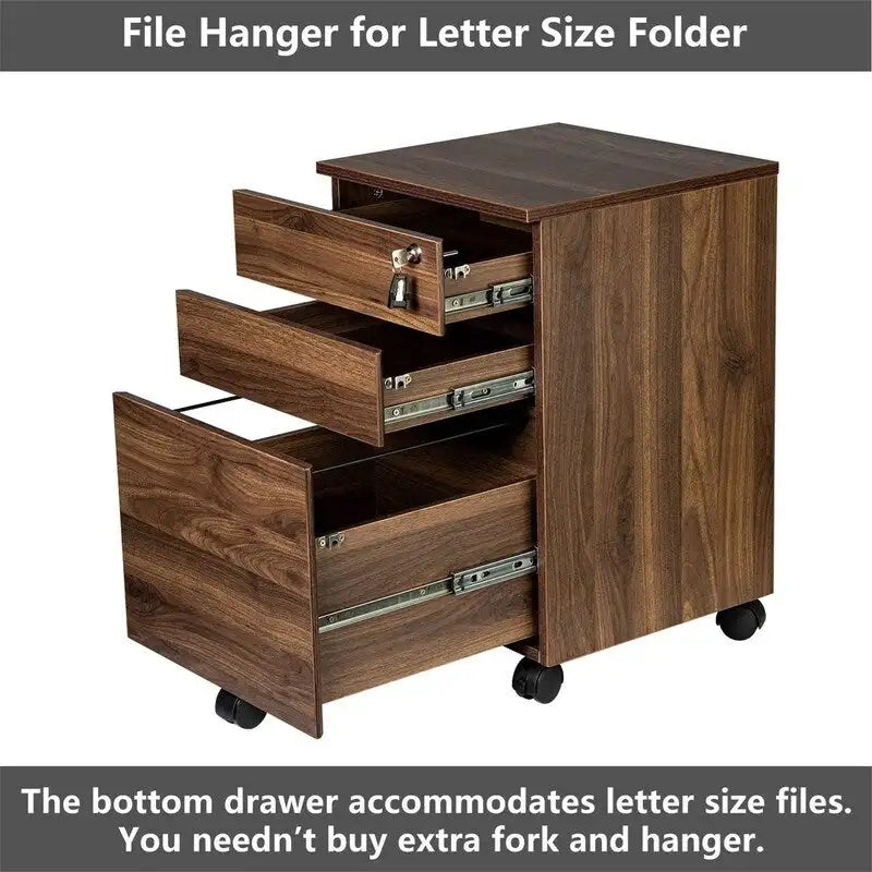 3-Drawer Wood Mobile File Cabinet with Locking System and Casters