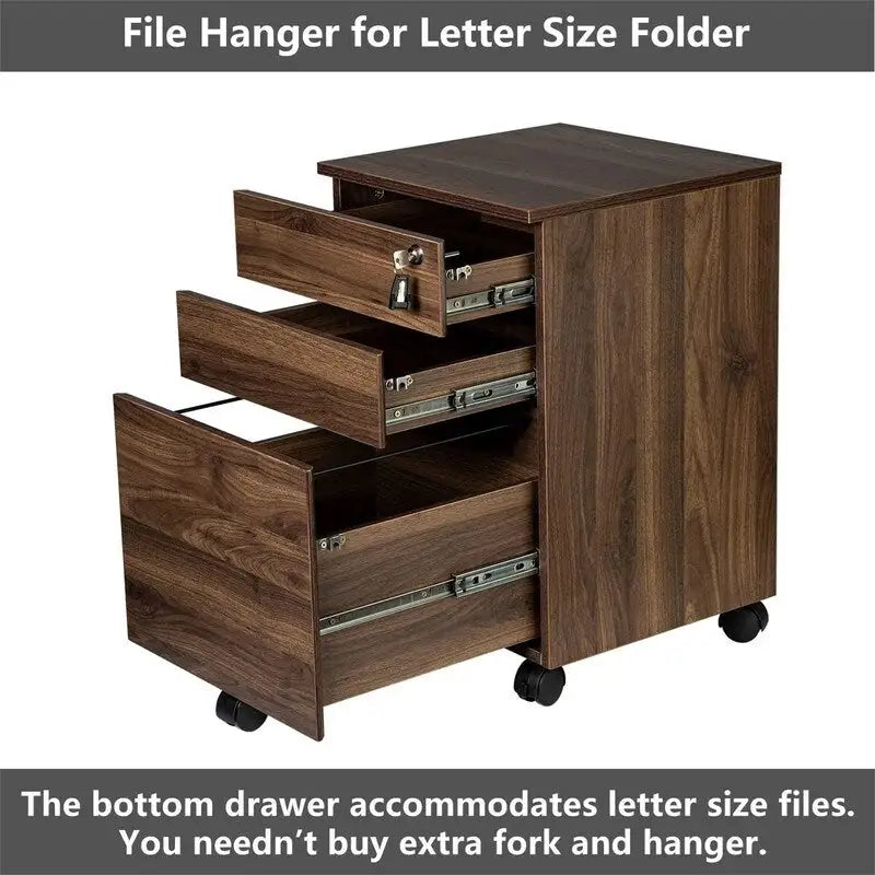 3-Drawer Wood Mobile File Cabinet with Locking System and Casters
