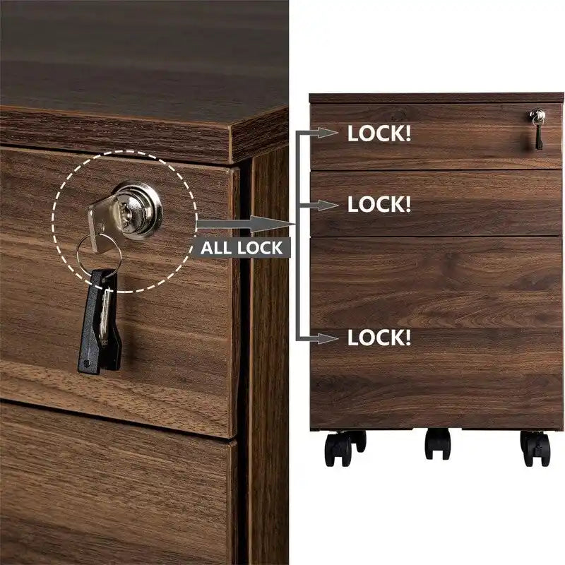 3-Drawer Wood Mobile File Cabinet with Locking System and Casters
