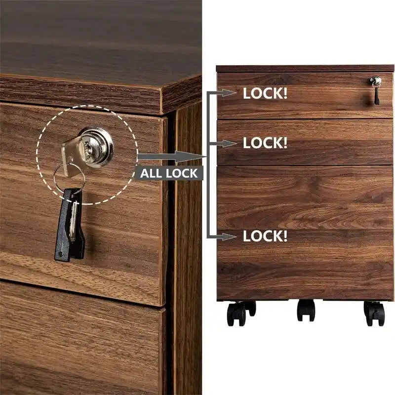 3-Drawer Wood Mobile File Cabinet with Locking System and Casters