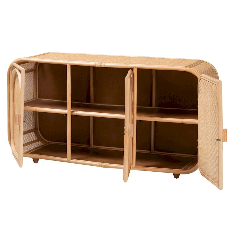 Natural Rattan Honey Finish Bohemian 3-Door Storage Cabinet with Shelves