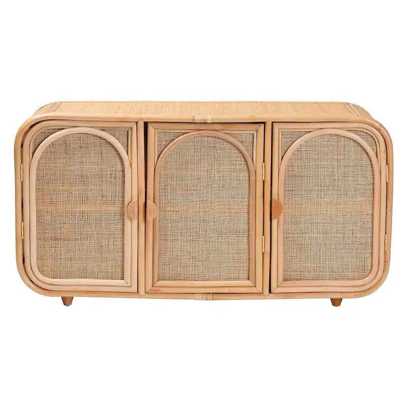 Natural Rattan Honey Finish Bohemian 3-Door Storage Cabinet with Shelves