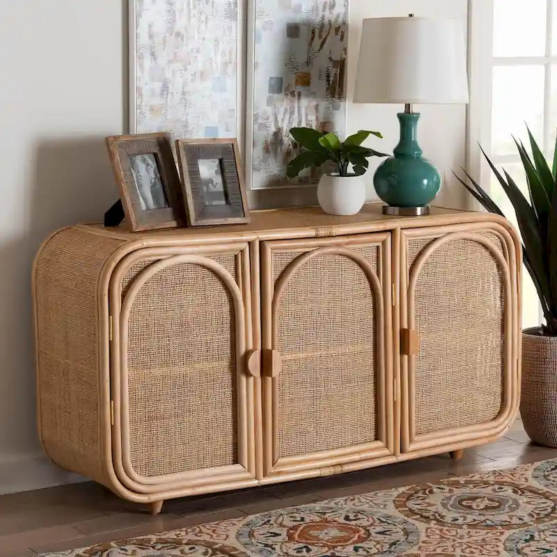 Natural Rattan Honey Finish Bohemian 3-Door Storage Cabinet with Shelves