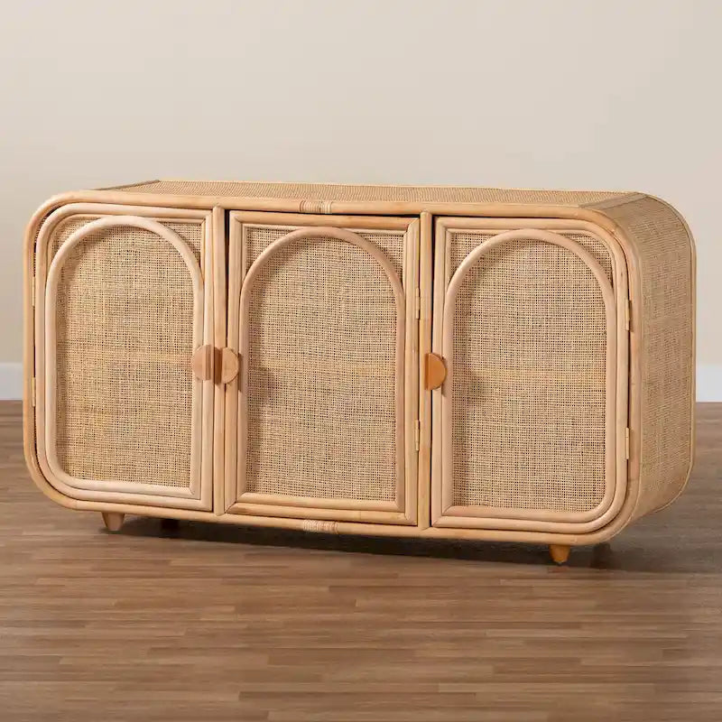 Natural Rattan Honey Finish Bohemian 3-Door Storage Cabinet with Shelves