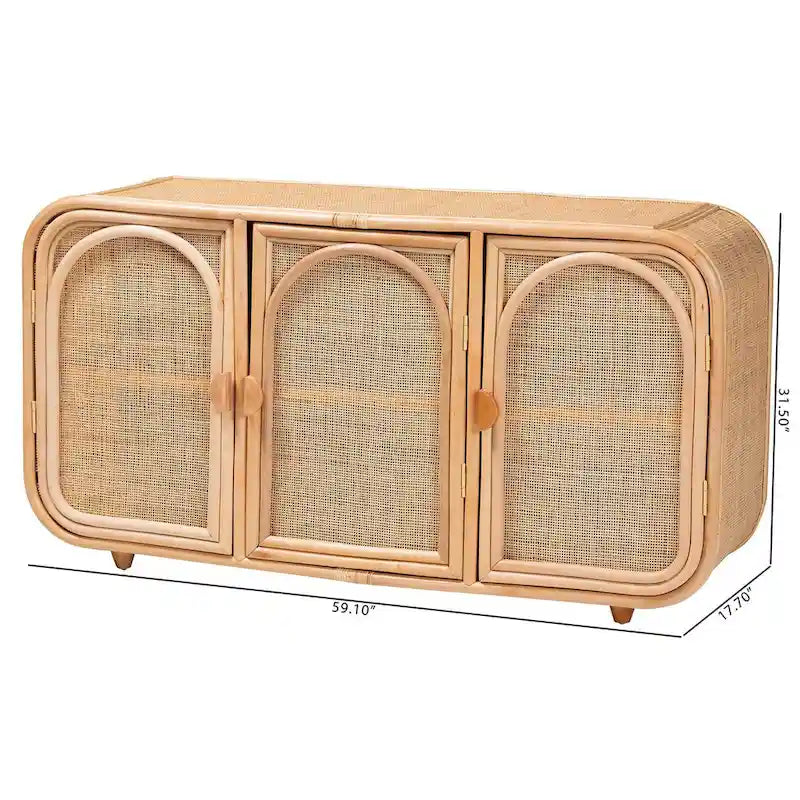 Natural Rattan Honey Finish Bohemian 3-Door Storage Cabinet with Shelves