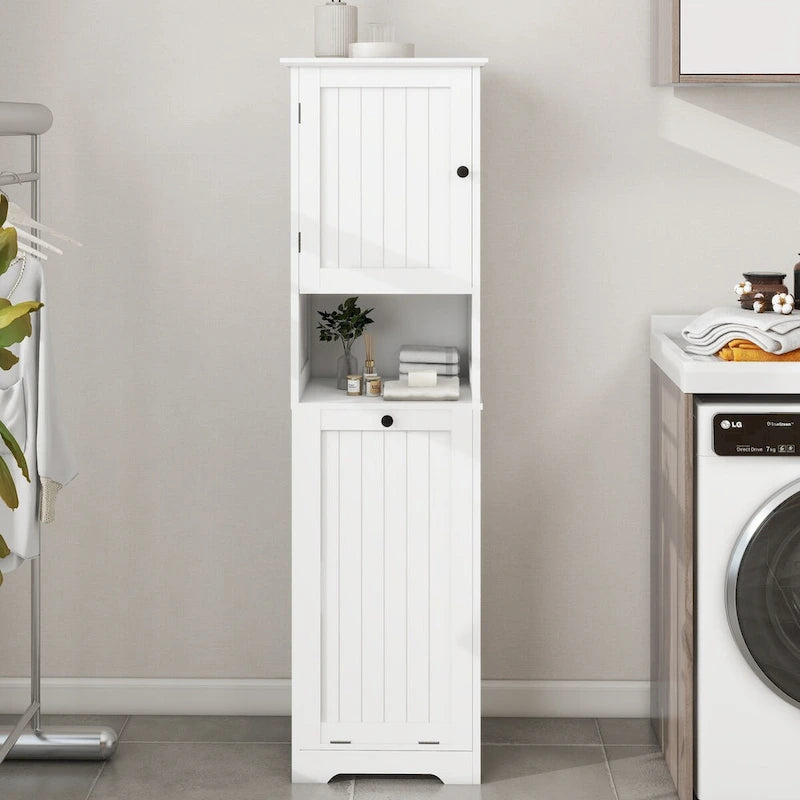 White Single Door Tall Laundry Storage Cabinet with Open Shelf