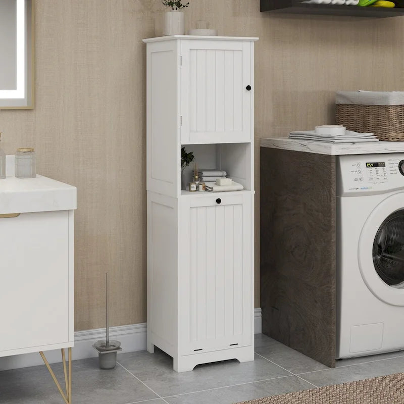 White Single Door Tall Laundry Storage Cabinet with Open Shelf