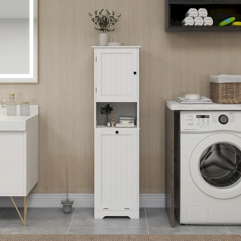 White Single Door Tall Laundry Storage Cabinet with Open Shelf