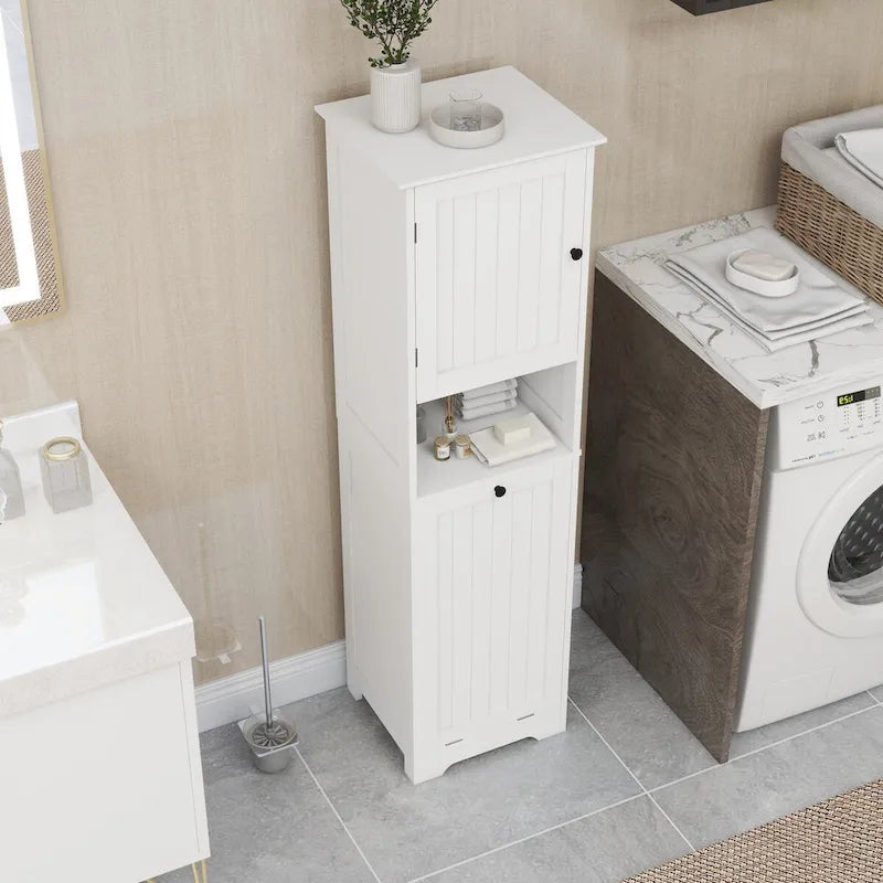 White Single Door Tall Laundry Storage Cabinet with Open Shelf