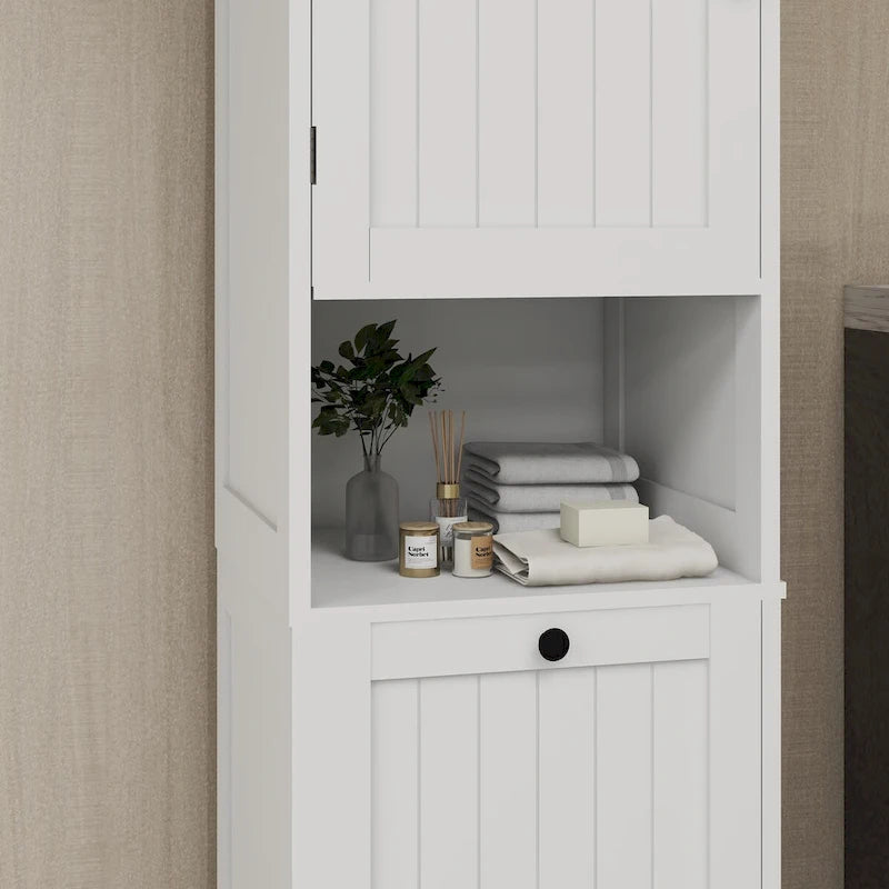 White Single Door Tall Laundry Storage Cabinet with Open Shelf