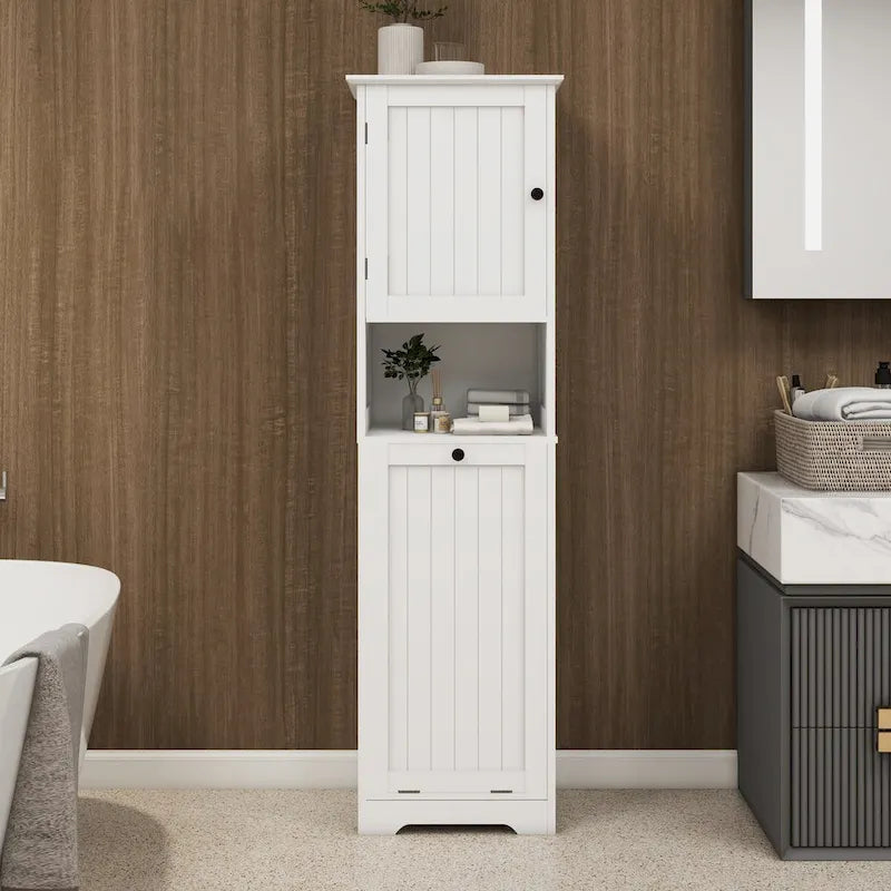 White Single Door Tall Laundry Storage Cabinet with Open Shelf