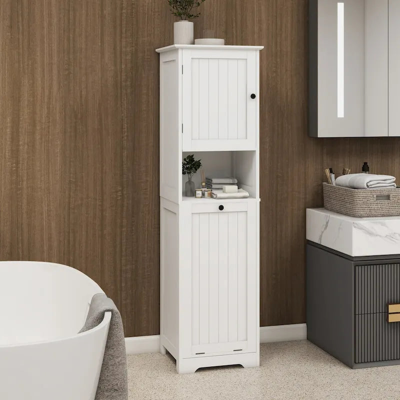 White Single Door Tall Laundry Storage Cabinet with Open Shelf