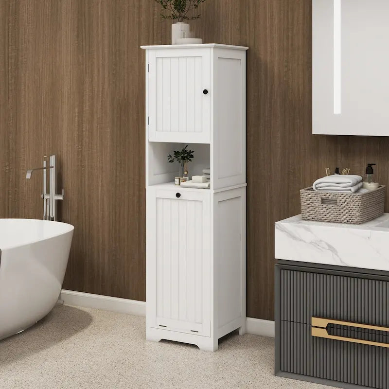 White Single Door Tall Laundry Storage Cabinet with Open Shelf
