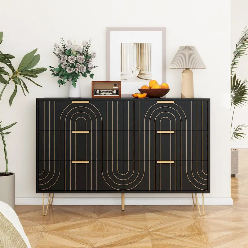 6-Drawer Dresser with Gold Arch Detail and Metal Legs, Black or Dark Blue