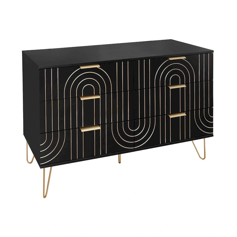 6-Drawer Dresser with Gold Arch Detail and Metal Legs, Black or Dark Blue
